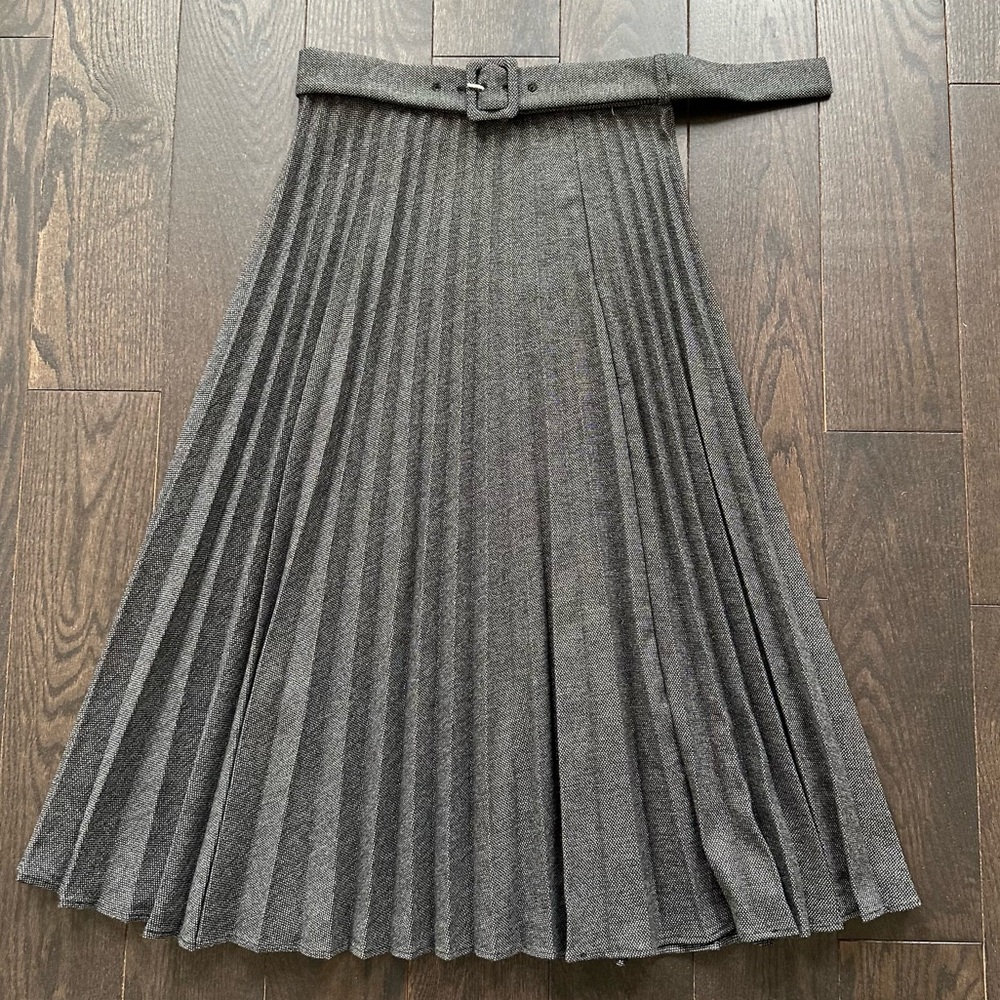 NWT Zara Women’s Micro-Pleated Heather Gray Belted Tweed Midi Skirt M